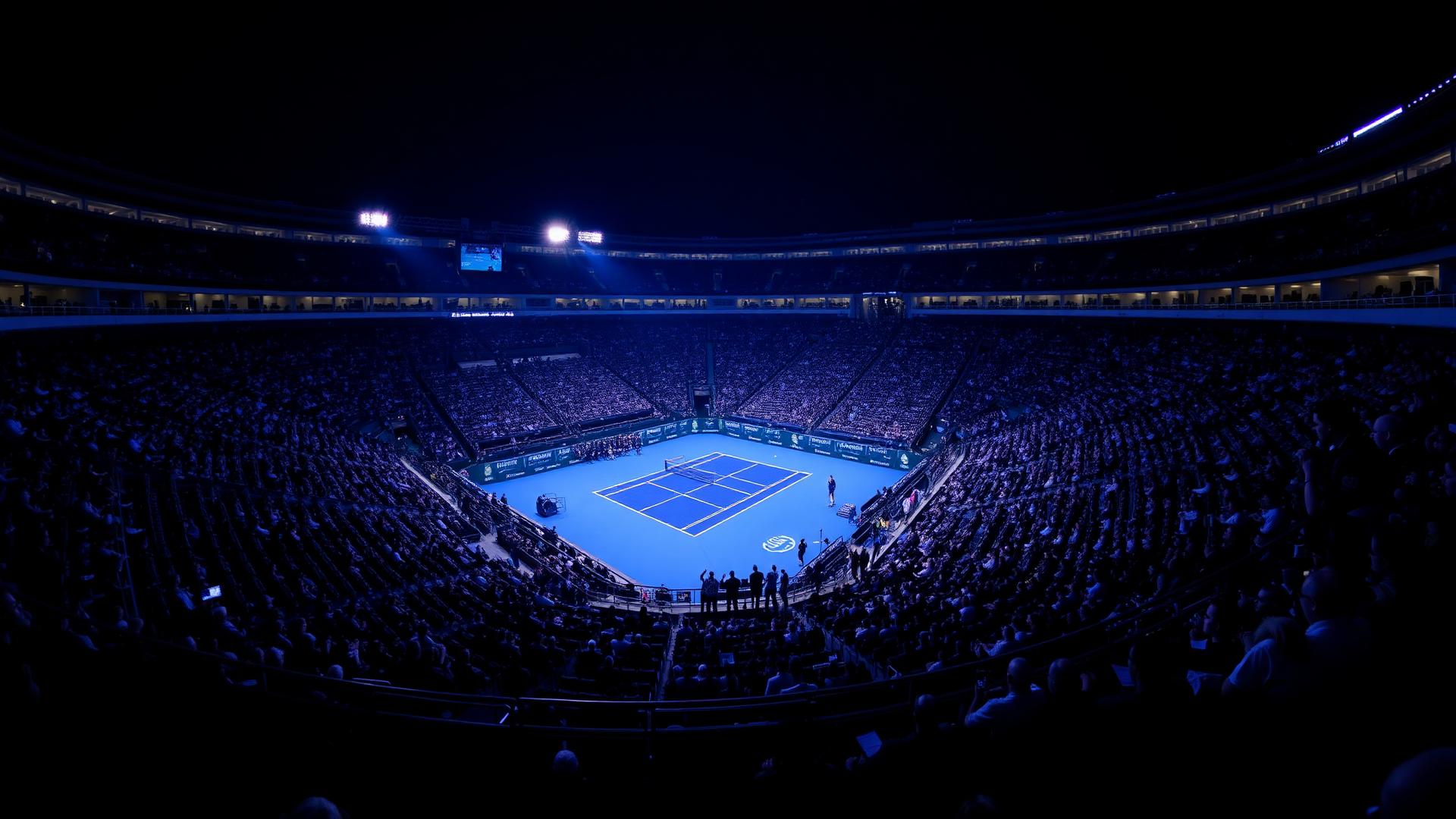 Arthur Ashe Stadium at night during the US Open