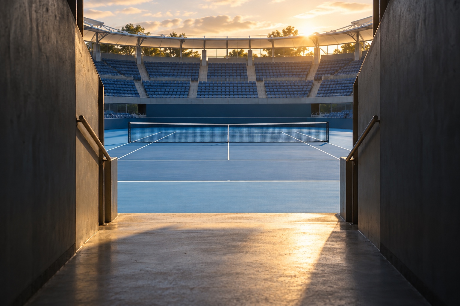 Conceptual illustration of an empty hard court viewed through a stadium entrance.