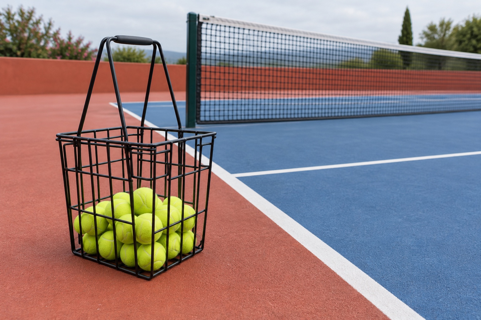 Konceptuel illustration af en kurv med tennisbolde nær en tom træningsbane.