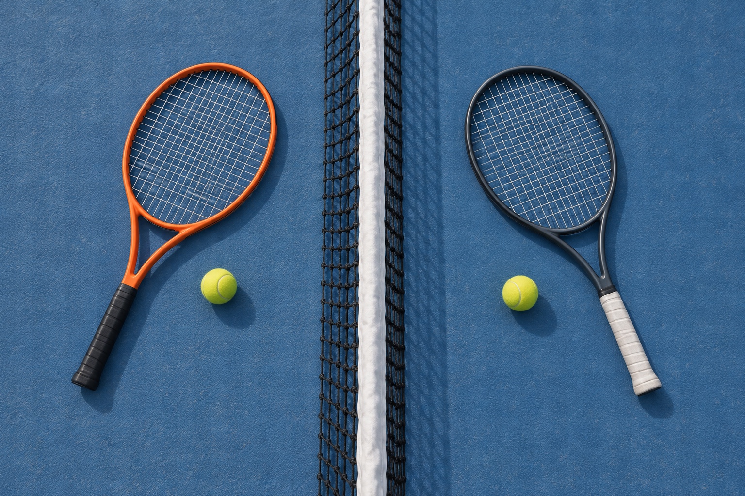 Konceptuel illustration af to ketchere og bolde på hver sin side af et tennisnet.