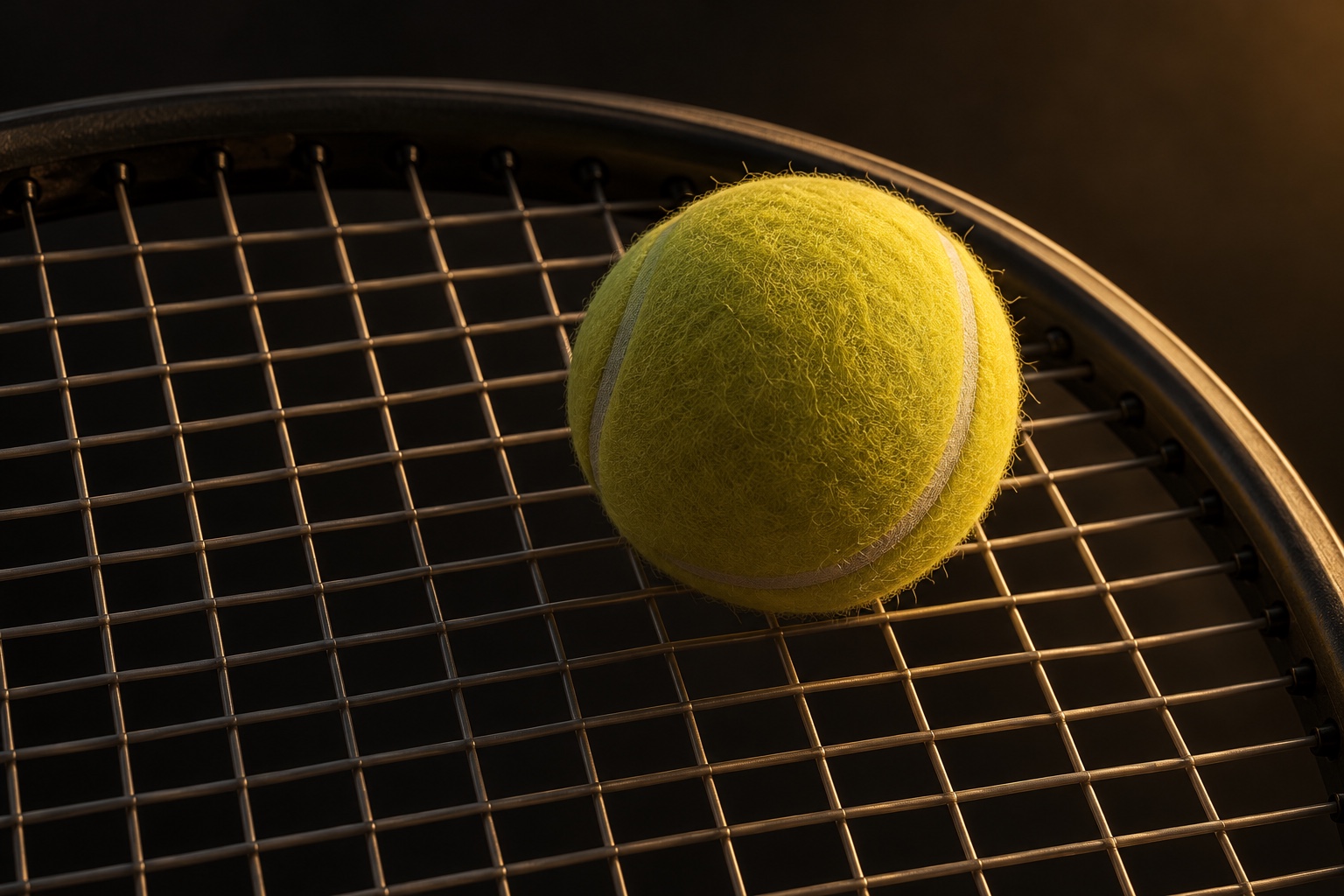 Conceptual illustration of racket strings and a tennis ball in warm light.