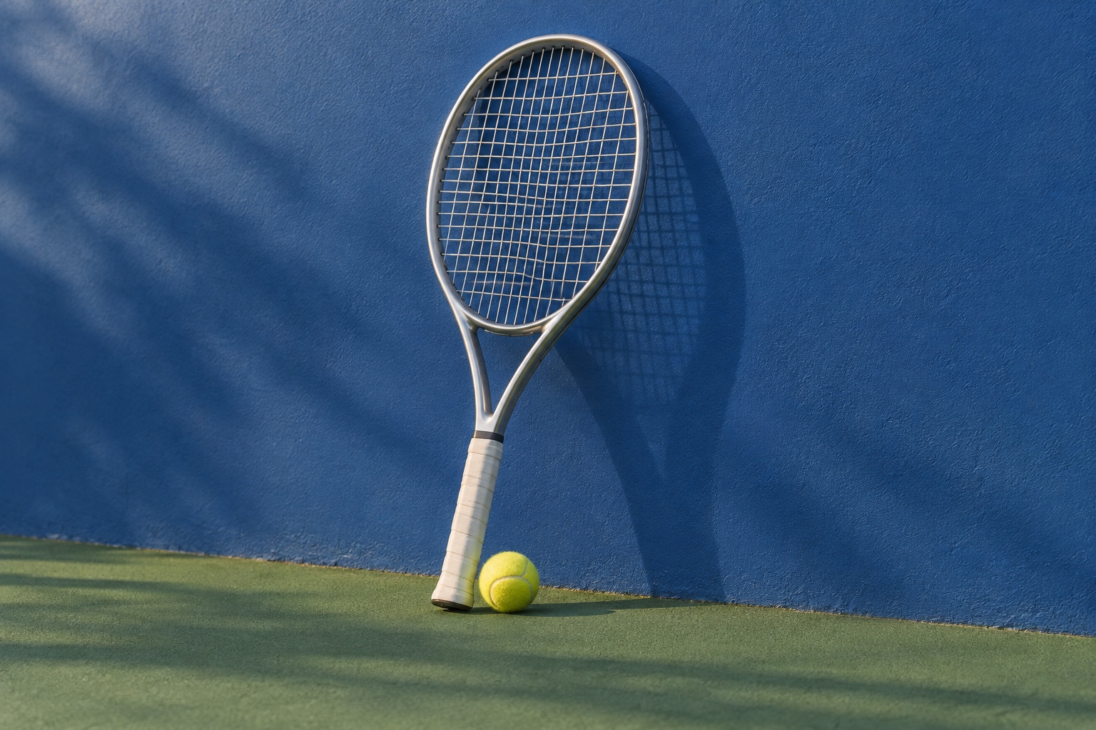 Conceptual illustration of a tennis racket standing beside a blue court wall.