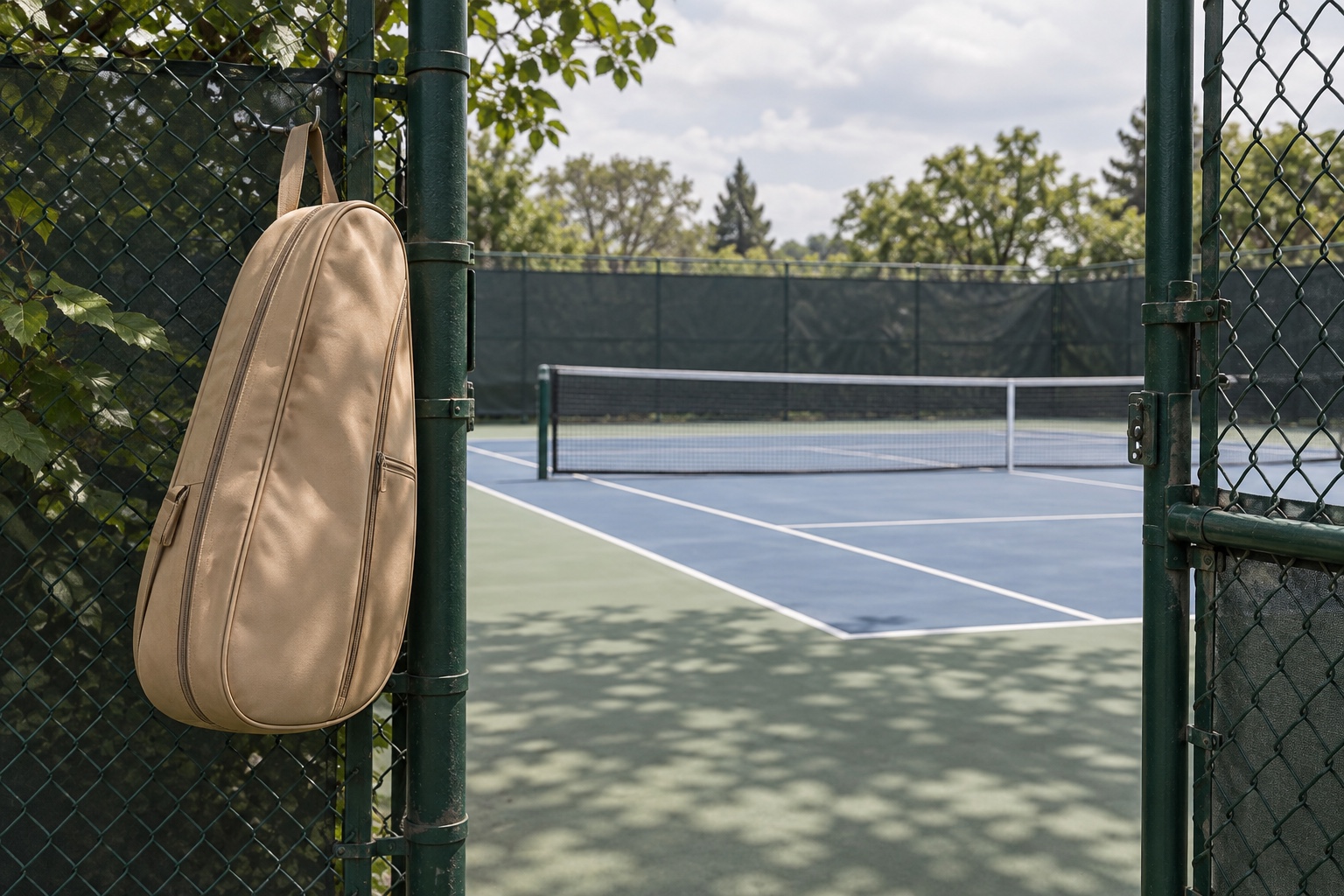 Conceptual illustration of a blue hard court seen through an open fence gate.