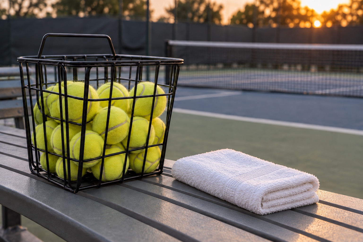 A conceptual tennis illustration of a basket of balls and a folded towel on a bench.