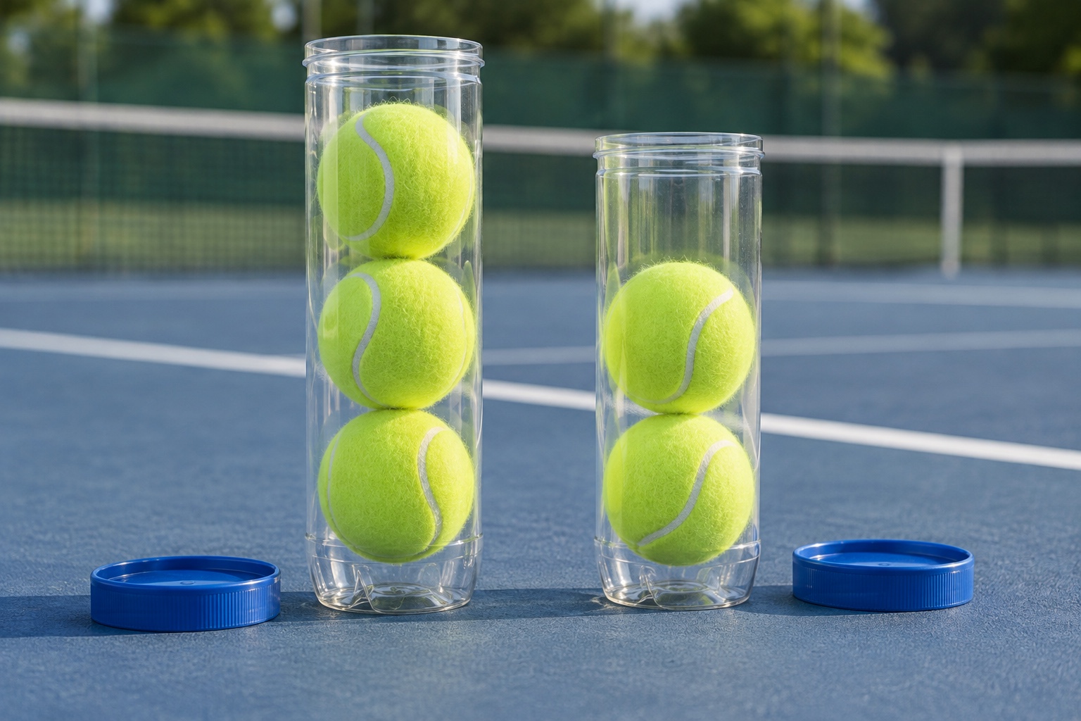 A conceptual tennis illustration of two clear canisters holding tennis balls.