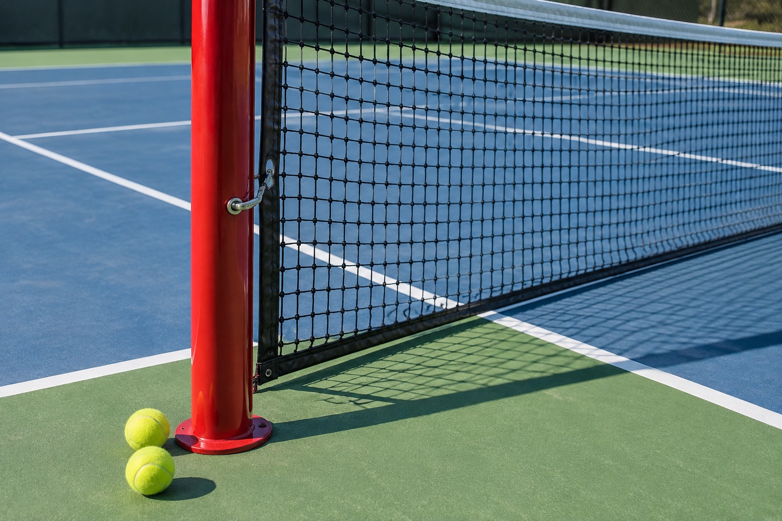 Una ilustración conceptual de tenis con dos pelotas junto a un poste rojo de la red.
