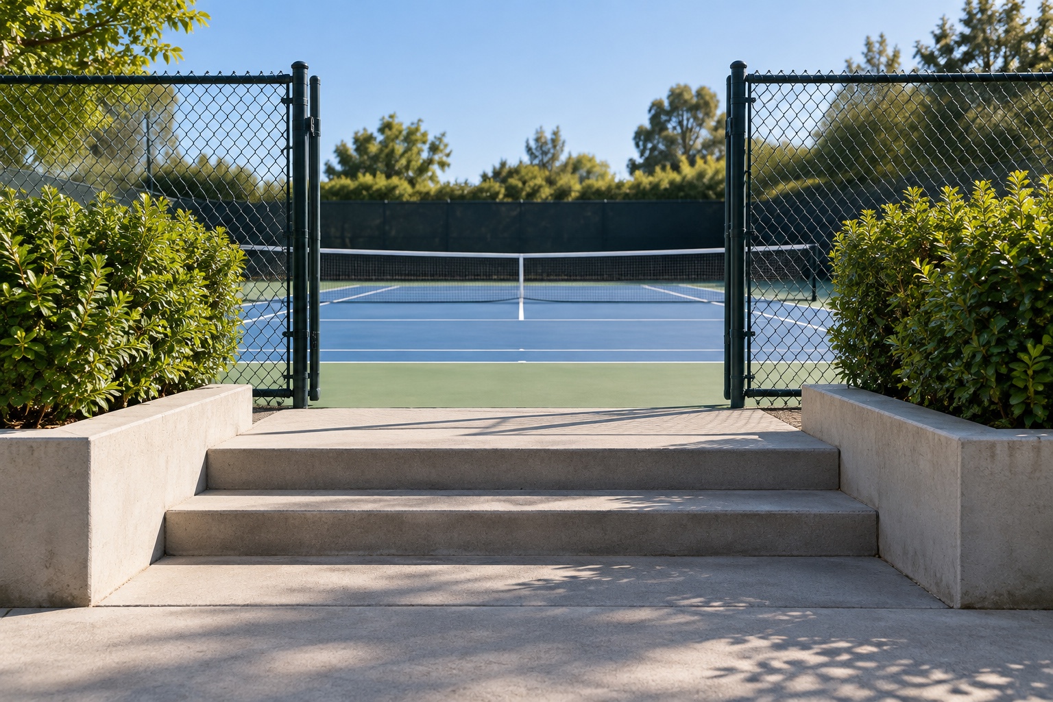Una ilustración conceptual de tenis con un pasillo vacío que conduce a una pista dura.