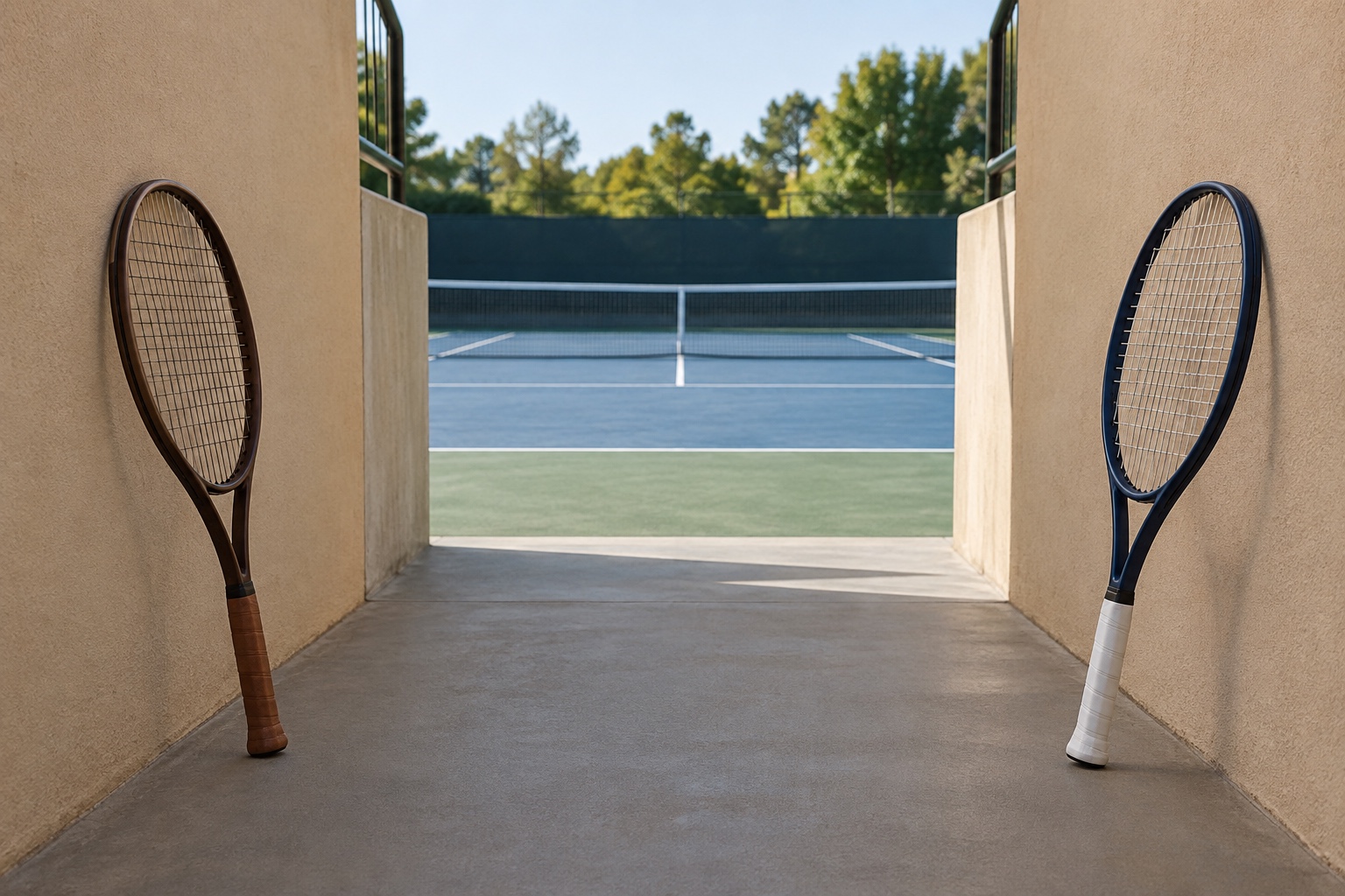 A conceptual tennis illustration of two rackets beside an entrance to a court.