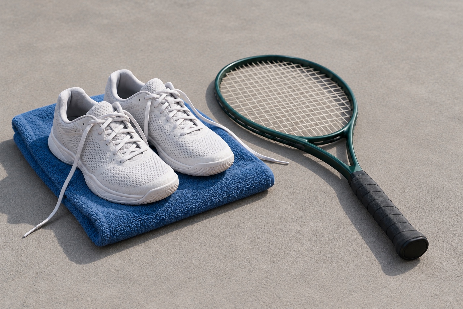 A conceptual tennis illustration of shoes, a towel and a racket beside a court.