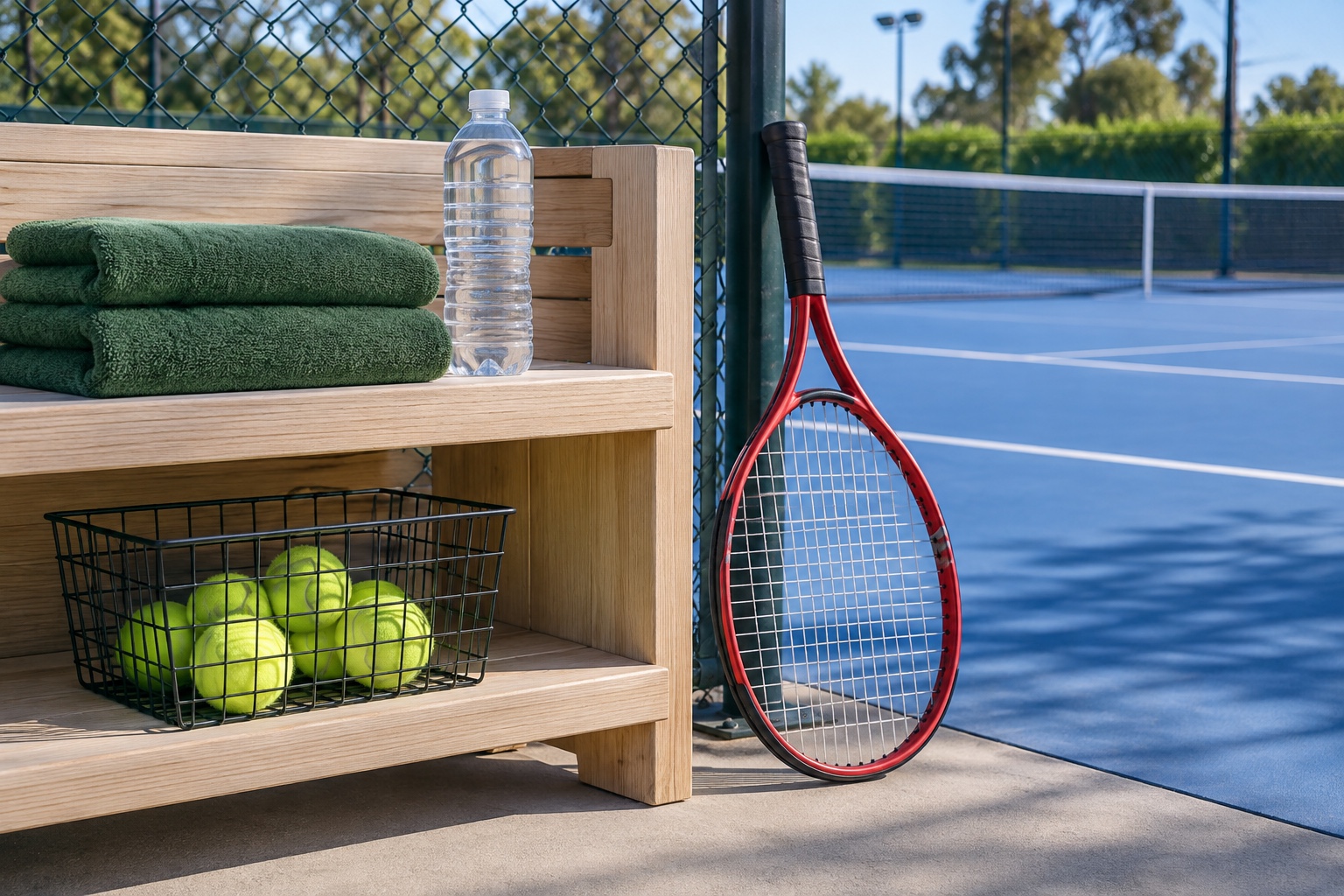 Illustration conceptuelle d'une raquette rouge, d'un panier de balles de tennis, de serviettes et d'une bouteille d'eau à côté d'une étagère au bord du court.