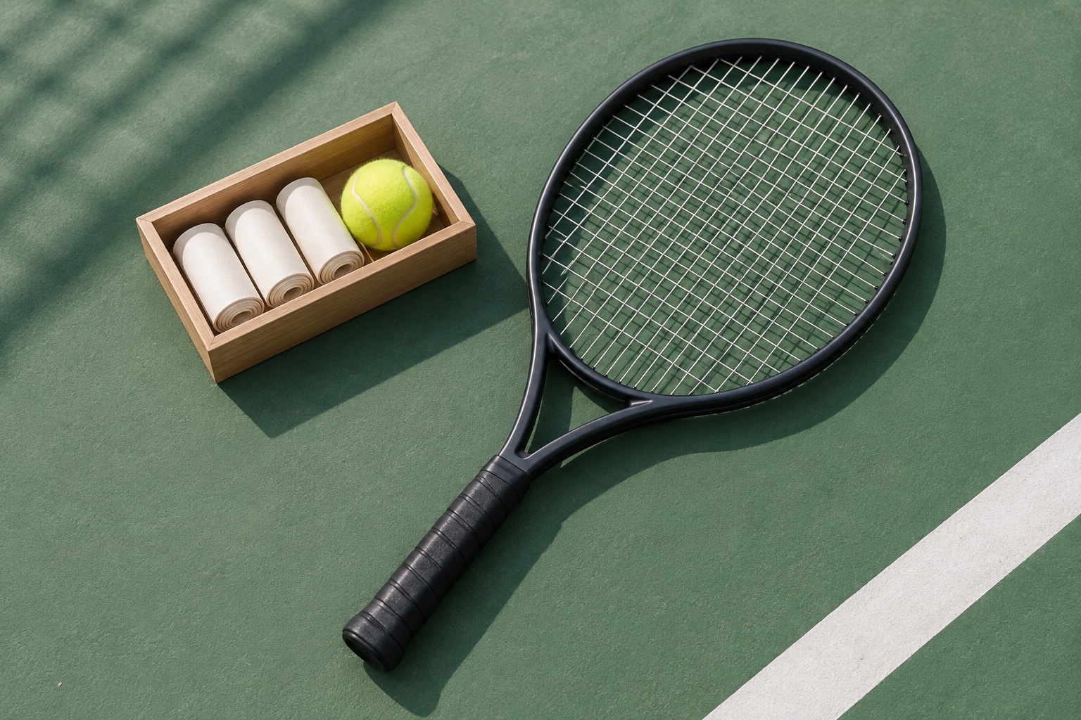 Konceptuell illustration av tennisöverdrag, en boll och en racket bredvid en öppen trälåda.