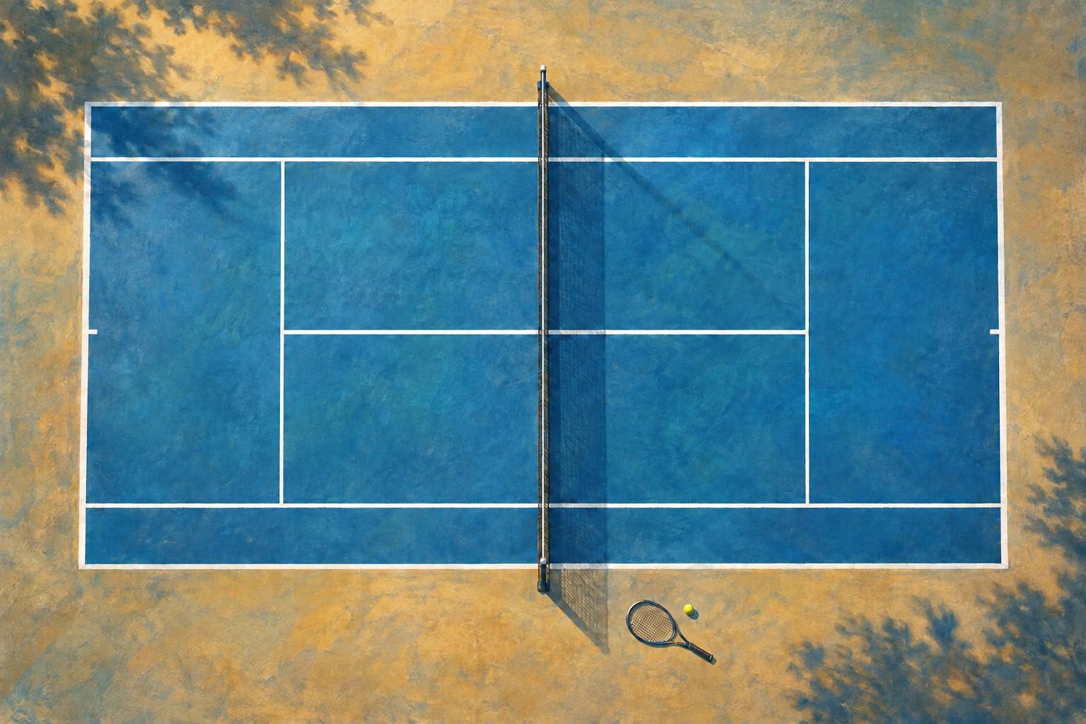 Redaktionel illustration set ovenfra af en blå tennisbane med en ketcher og bold.