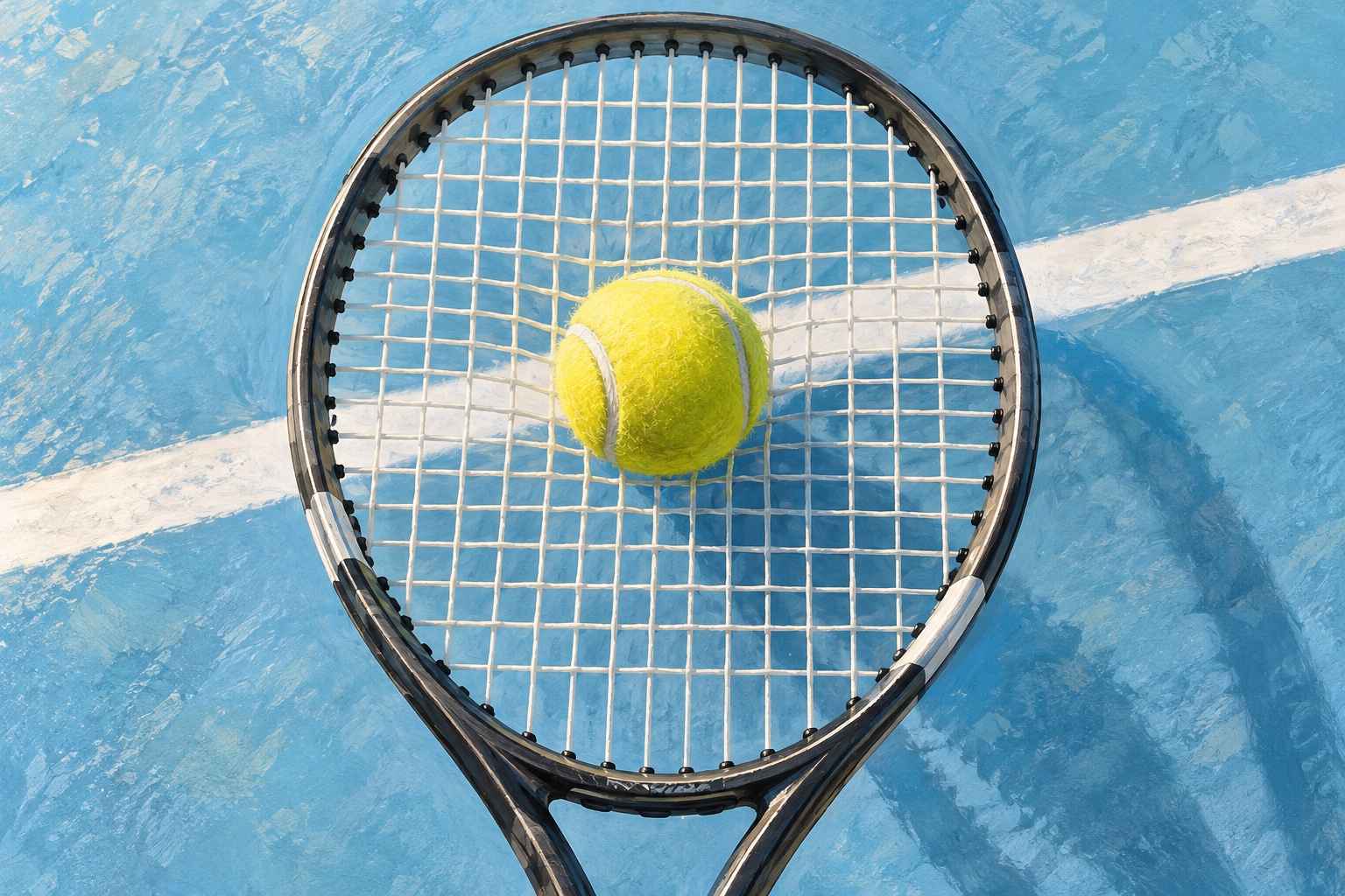 Redaktionel illustration af en gul tennisbold på et ketcherstrengbed.